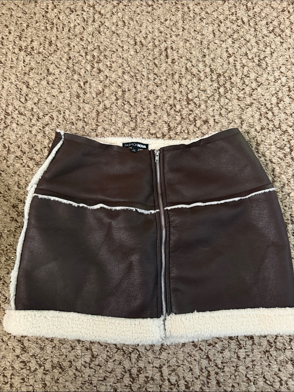 Fashion Nova Dark Brown Faux Leather Mini Skirt with Shearling Trim
